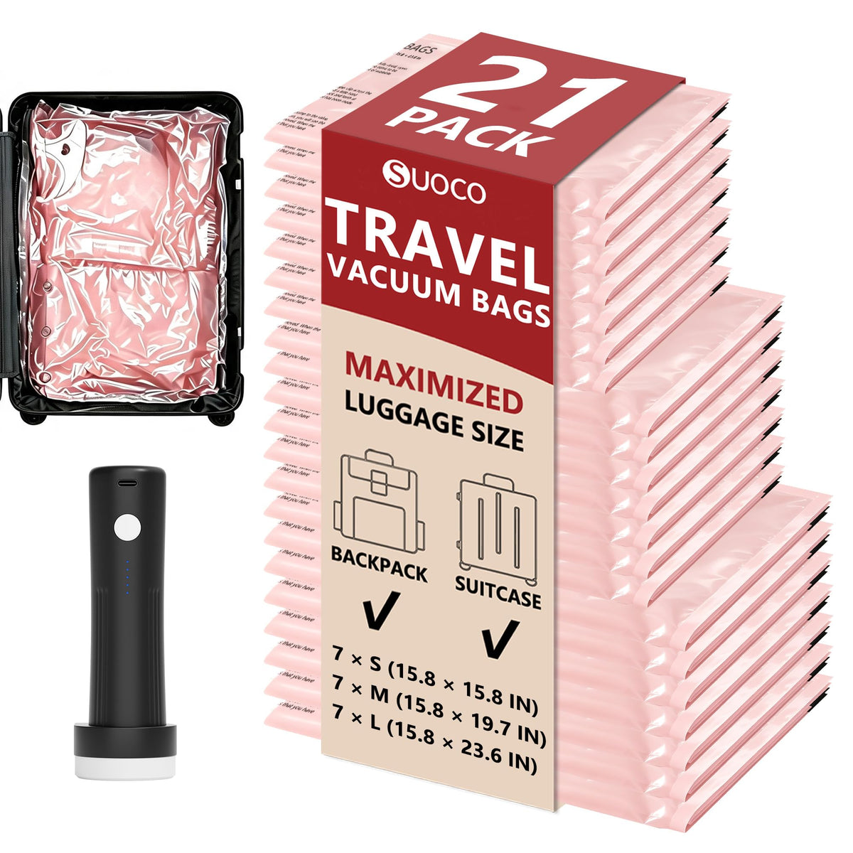 Travel Vacuum Bags for Clothing with Cordless Pump 18 Combo, Clear