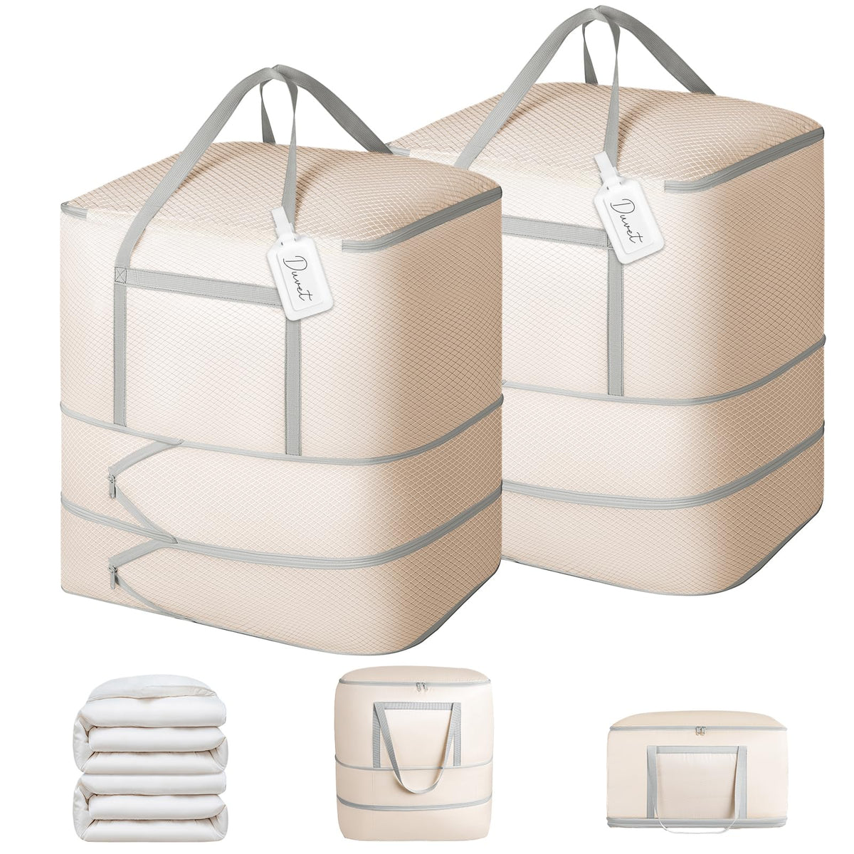 Comforter Storage Bag - 130L Large Capacity Blanket Storage Bags 4-Layer Ultra Space Saving Self Compression Organizer, Washable Compression Bags for Storage Comforter Blanket, 2-Pack, Beige