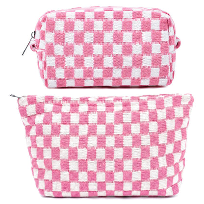 SOIDRAM 2 Pieces Makeup Bag Large Checkered Cosmetic Bag Capacity Canvas Mix Travel Toiletry Bag Organizer Cute Makeup Brushes Aesthetic Accessories Storage Bag for Women, Checkered Mix Rose Red