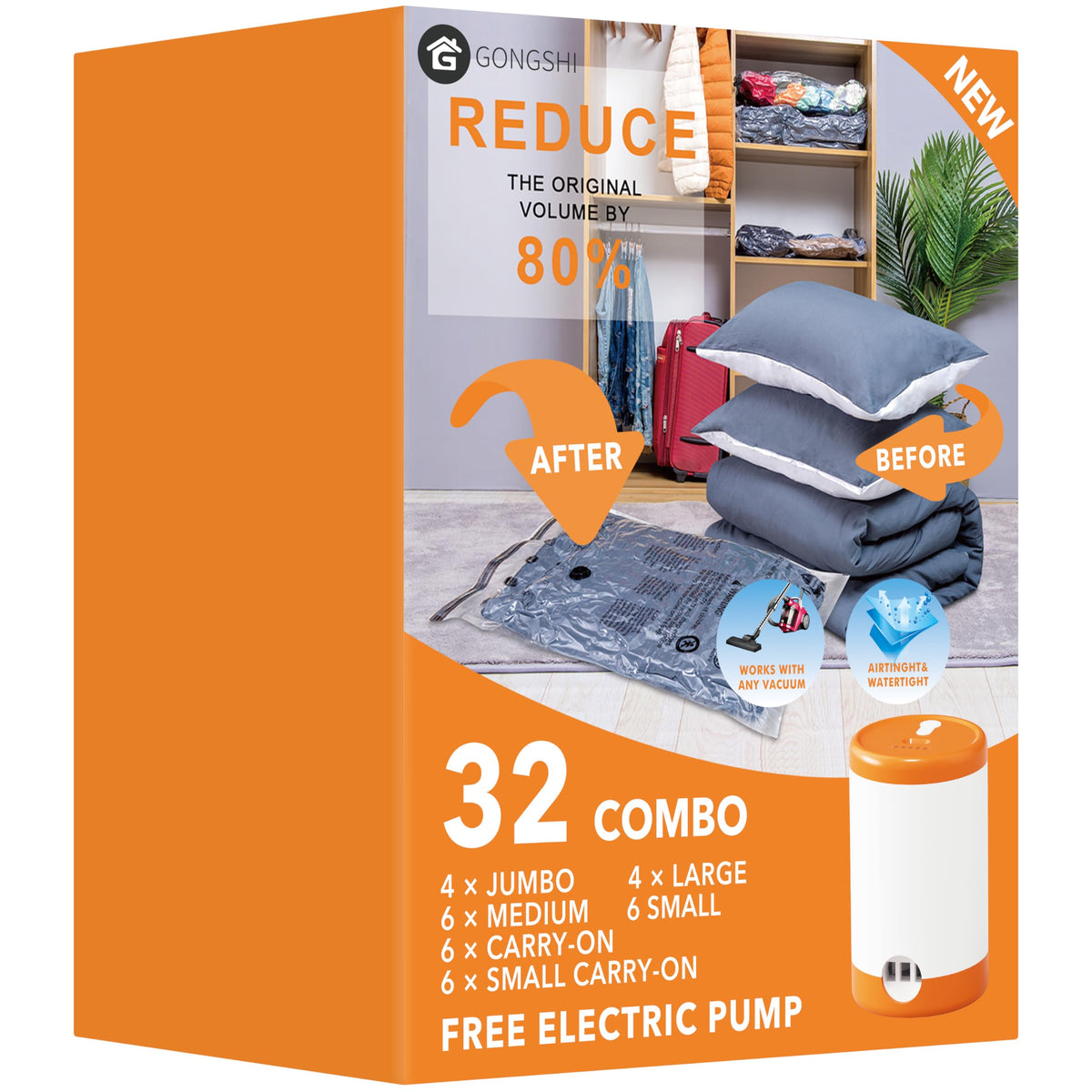GONGSHI Vacuum Seal Bags for Clothing Travel & Home Storage, Travel Vacuum Bags with Pump,Space Saver for Blankets, Comforters, Pillows, Clothes,24 Combo with Electric Pump