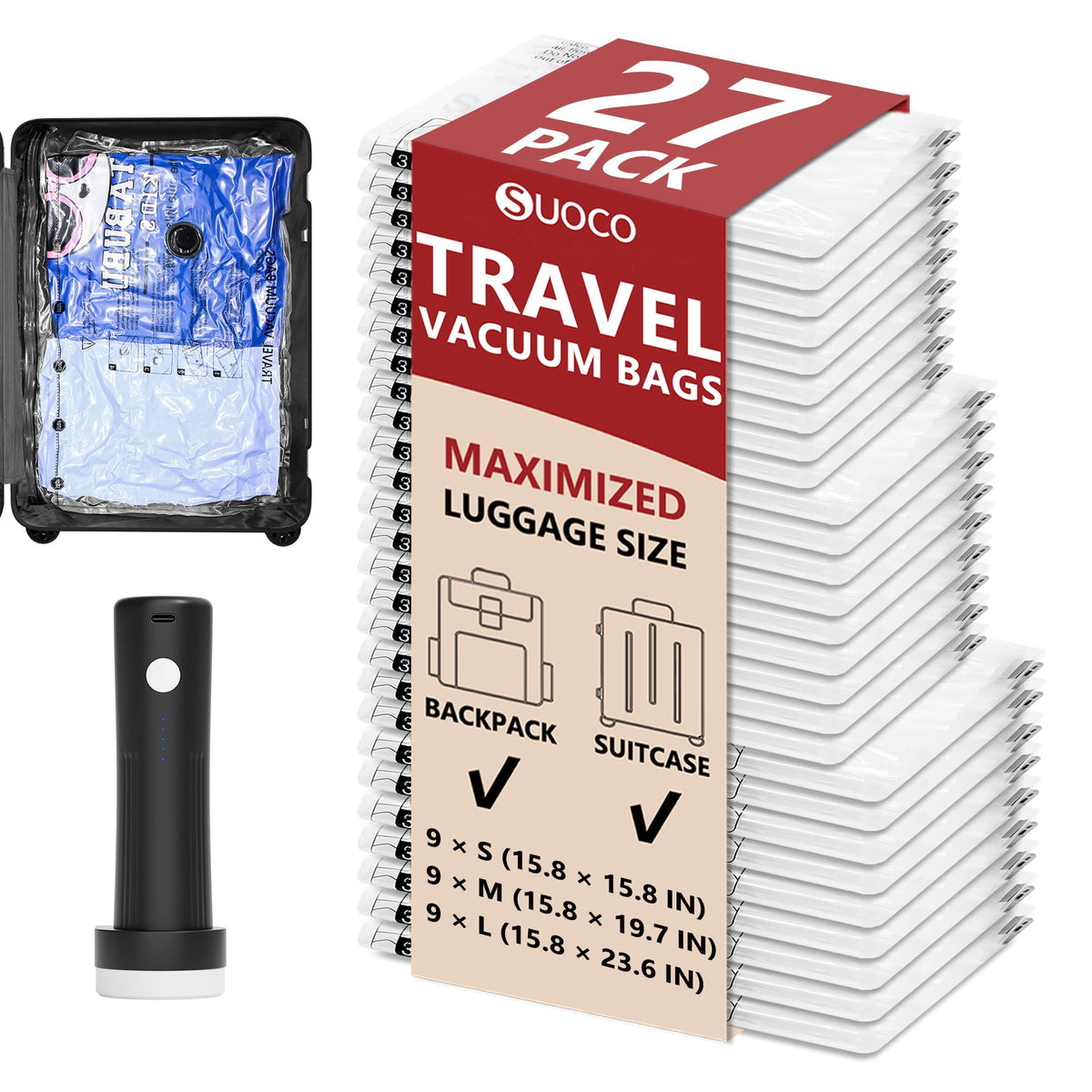 Travel Vacuum Bags for Clothing with Cordless Pump 18 Combo, Clear