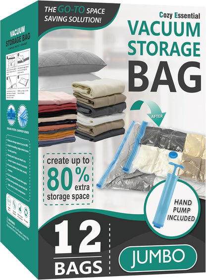 12 Jumbo Vacuum Storage Bags for Blankets & Bedding, Space Saver Bags