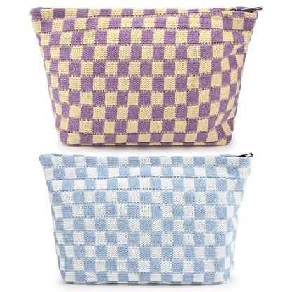SOIDRAM 2 Pieces Makeup Bag Large Checkered Cosmetic Bag Capacity Canvas Mix Travel Toiletry Bag Organizer Cute Makeup Brushes Aesthetic Accessories Storage Bag for Women, Checkered Mix Rose Red