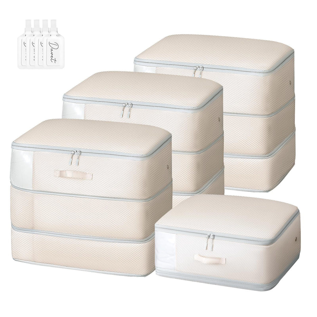 Comforter Storage Bag - Large Capacity Blanket Storage Bags 3-Layer Ultra Space Saving Self Compression Organizer, Washable Compression Bags for Storage Comforter Blanket, 2-Pack, Beige