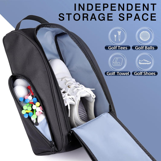 Golf Shoe Bag, Zipper Sports Shoe Strap Bag with Side Accessory Pocket for Storing Golf Accessories, Padded Golf Shoe Carry Bags with Clasped Strap Handle (Black)