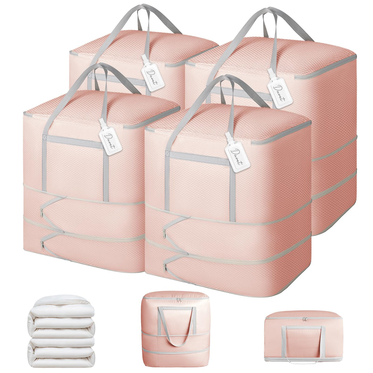 Comforter Storage Bag - 130L Large Capacity Blanket Storage Bags 4-Layer Ultra Space Saving Self Compression Organizer, Washable Compression Bags for Storage Comforter Blanket, 2-Pack, Beige