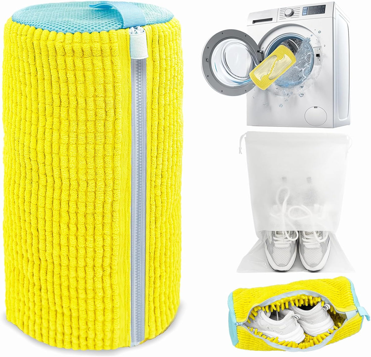 Shoe Washing Machine Bag,Laundry Shoe Bag for Washer and Dryer,Reusable Shoe Cleaning Bag for Sneakers,Tennis Shoes,With Self-locking Zipper, Microfiber Inside (1, Yellow)
