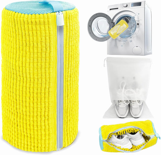 Shoe Washing Machine Bag,Laundry Shoe Bag for Washer and Dryer,Reusable Shoe Cleaning Bag for Sneakers,Tennis Shoes,With Self-locking Zipper, Microfiber Inside (1, Yellow)