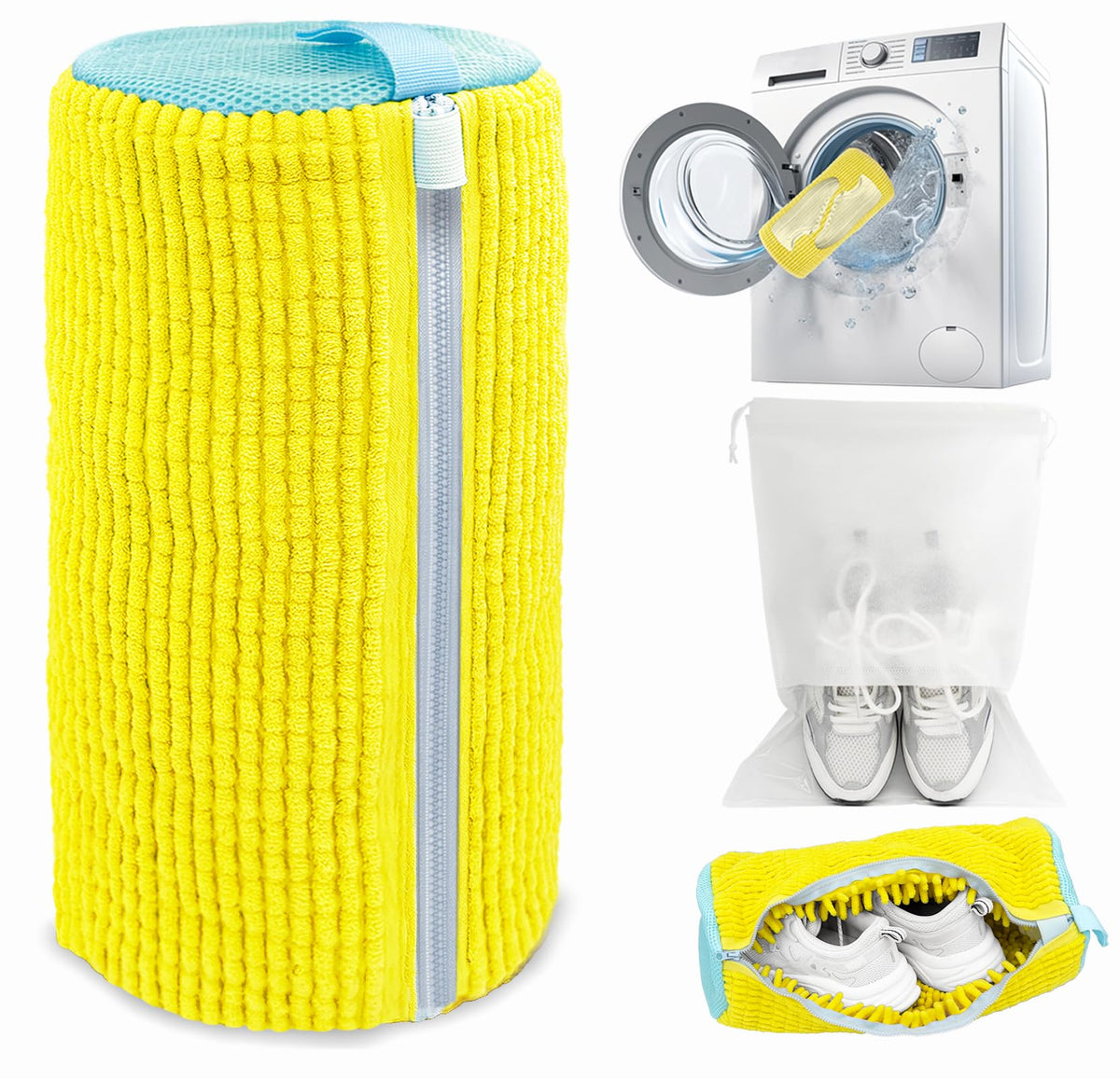 Shoe Washing Machine Bag,Laundry Shoe Bag for Washer and Dryer,Reusable Shoe Cleaning Bag for Sneakers,Tennis Shoes,With Self-locking Zipper, Microfiber Inside (1, Yellow)
