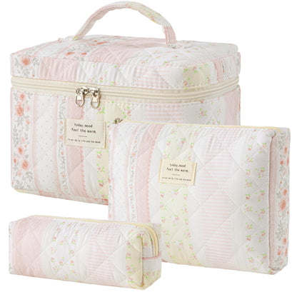 HBselect Quilted Makeup Bag, 3Pcs Cotton Large Travel Makeup Bags Organizer