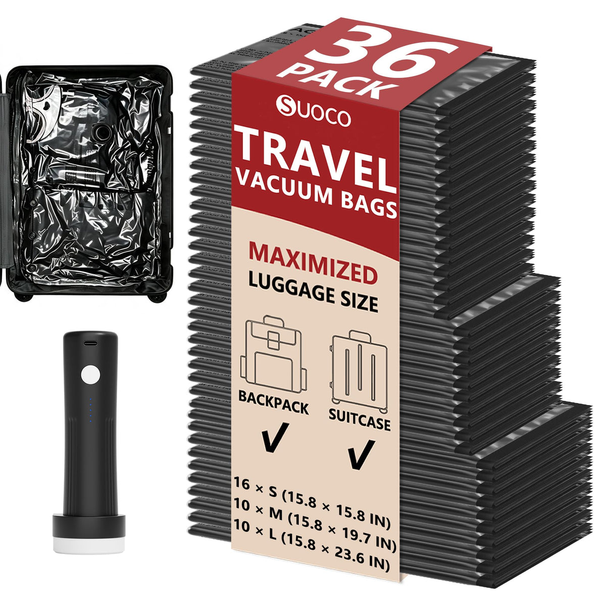Travel Vacuum Bags for Clothing with Cordless Pump 18 Combo, Clear