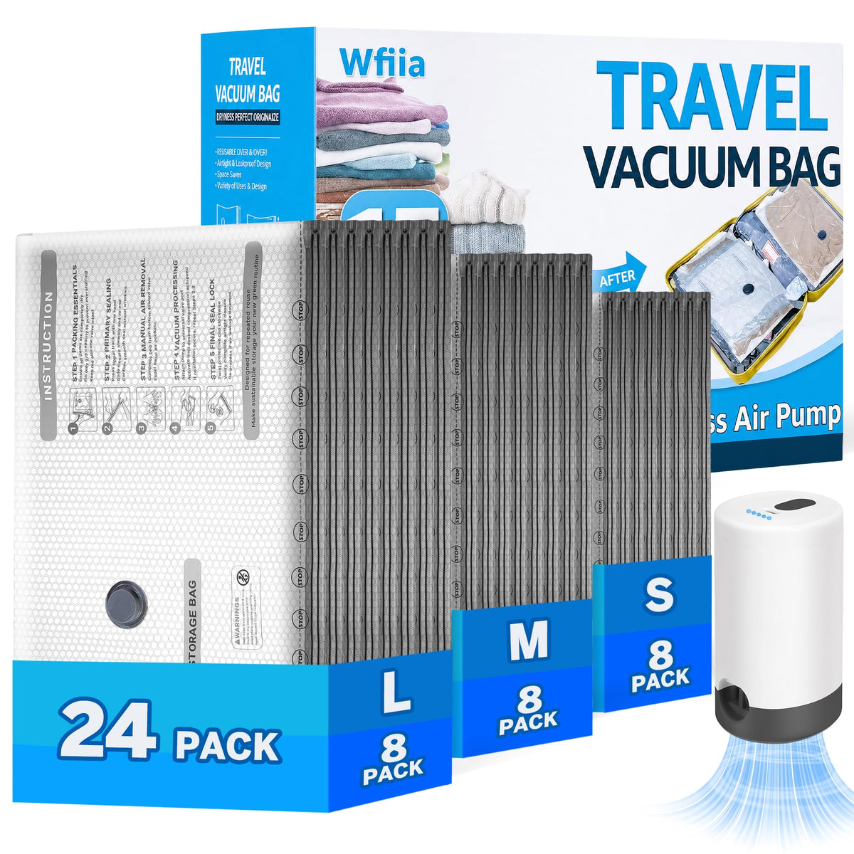15 Packs Vacuum Bags for Travel with Rechargeable Pump, 3 Sizes Heavy Duty Vacuum Seal Bags for Clothing, Compression Vacuum Travel Bags for Luggage, Vacuum Packing Bags for Closet Organization