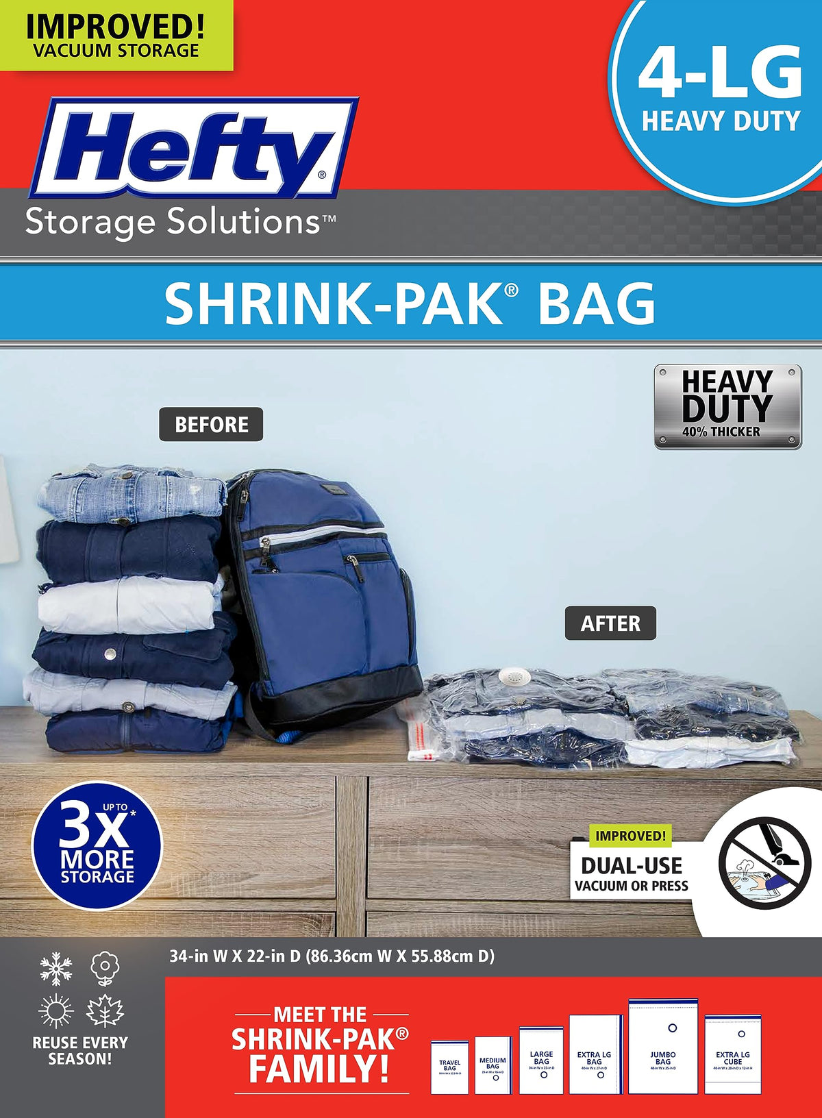 Hefty Shrink-Pak Vacuum Storage Bags – For Clothes, Pillows, Towels, Blankets & More – Space Saver Vacuum Suction Sealer Bags for Home or Travel – 4 Jumbo Cubes, 43.5 x 34 x 18 Inches