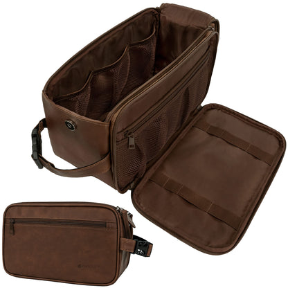 PAVILIA Toiletry Bag for Men, Travel Essentials Shaving Dopp Kit, Mens Travel Bag Toiletries Organizer Case for Grooming, PU Leather Water Resistant Cosmetic Bag Pouch (Dark Brown)