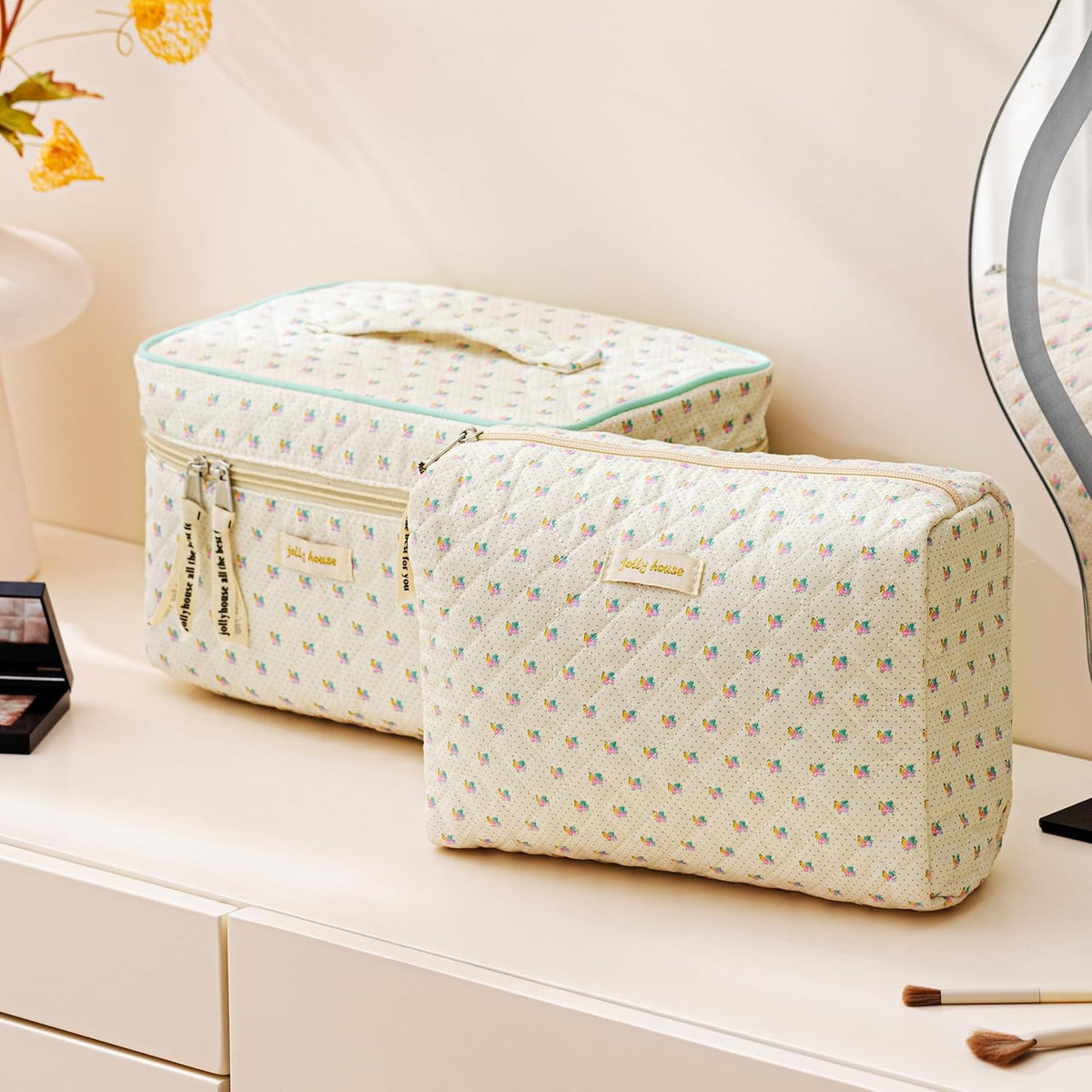 HBselect Quilted Makeup Bag, 3Pcs Cotton Large Travel Makeup Bags Organizer