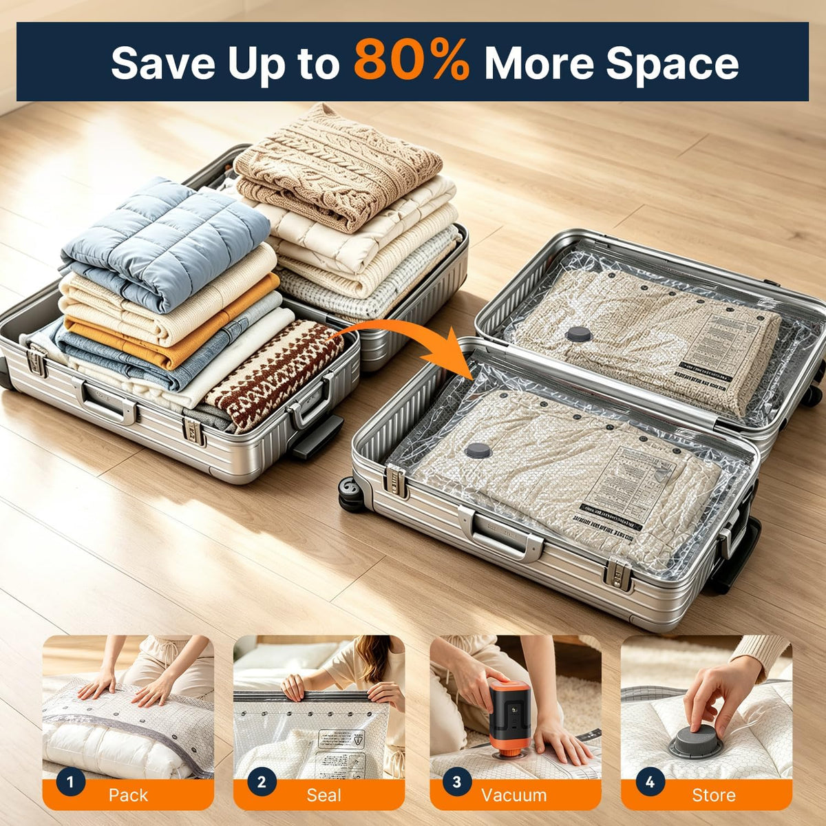 Travel Vacuum Bags with Rechargeable Pump: 4000mAh Portable Vacuum Sealer