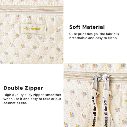 HBselect Quilted Makeup Bag, 3Pcs Cotton Large Travel Makeup Bags Organizer
