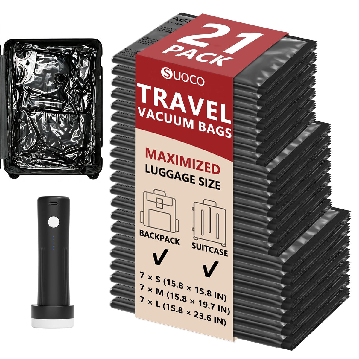 Travel Vacuum Bags for Clothing with Cordless Pump 18 Combo, Clear