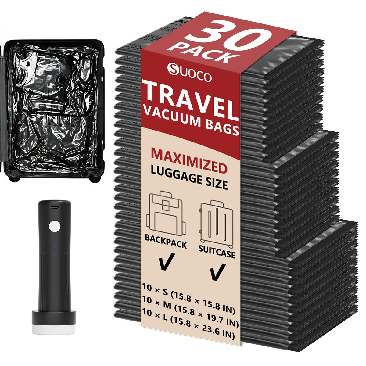 Travel Vacuum Bags for Clothing with Cordless Pump 18 Combo, Clear