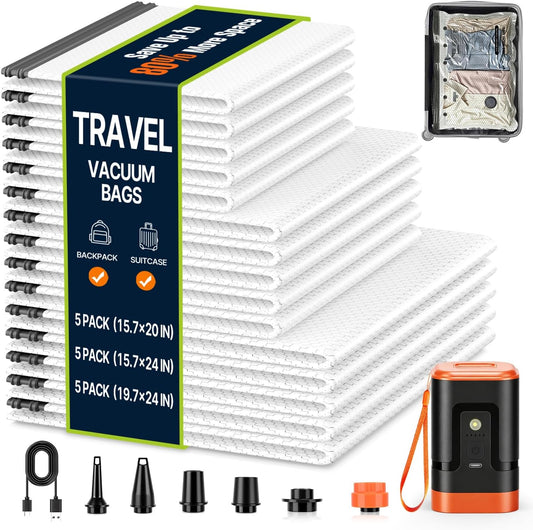 Travel Vacuum Bags with Rechargeable Pump: 4000mAh Portable Vacuum Sealer