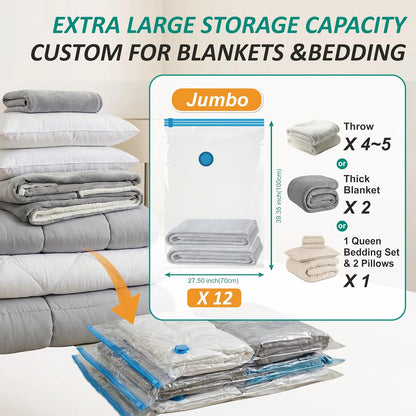 12 Jumbo Vacuum Storage Bags for Blankets & Bedding, Space Saver Bags