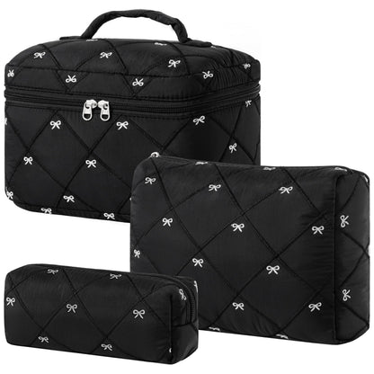 HBselect Quilted Makeup Bag, 3Pcs Cotton Large Travel Makeup Bags Organizer