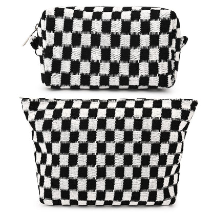 SOIDRAM 2 Pieces Makeup Bag Large Checkered Cosmetic Bag Capacity Canvas Mix Travel Toiletry Bag Organizer Cute Makeup Brushes Aesthetic Accessories Storage Bag for Women, Checkered Mix Rose Red