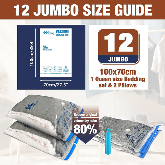 12 Jumbo Vacuum Storage Bags for Bedding, Vacuum Seal Bags for Clothing