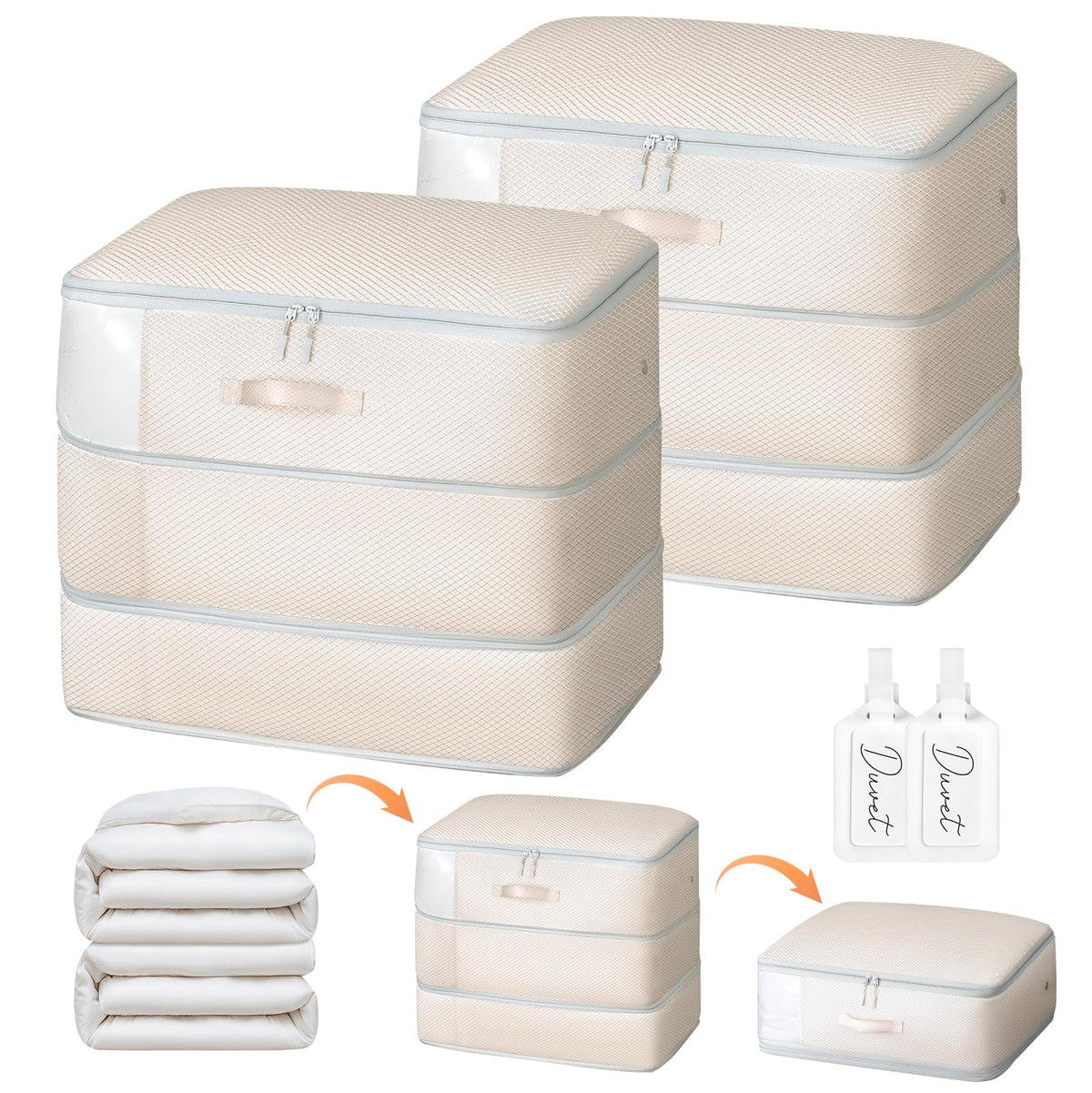 Comforter Storage Bag - Large Capacity Blanket Storage Bags 3-Layer Ultra Space Saving Self Compression Organizer, Washable Compression Bags for Storage Comforter Blanket, 2-Pack, Beige