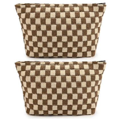 SOIDRAM 2 Pieces Makeup Bag Large Checkered Cosmetic Bag Capacity Canvas Mix Travel Toiletry Bag Organizer Cute Makeup Brushes Aesthetic Accessories Storage Bag for Women, Checkered Mix Rose Red