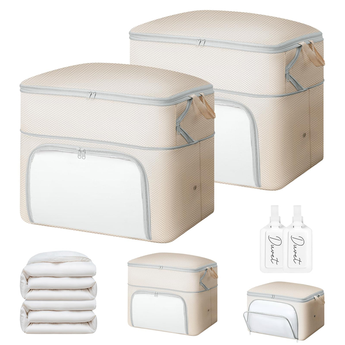 Comforter Storage Bag - Large Capacity Blanket Storage Bags Front-opening Ultra Space Saving Self Compression Organizer, Washable Compression Bags for Storage Comforter Blanket, 1 Pack, Beige