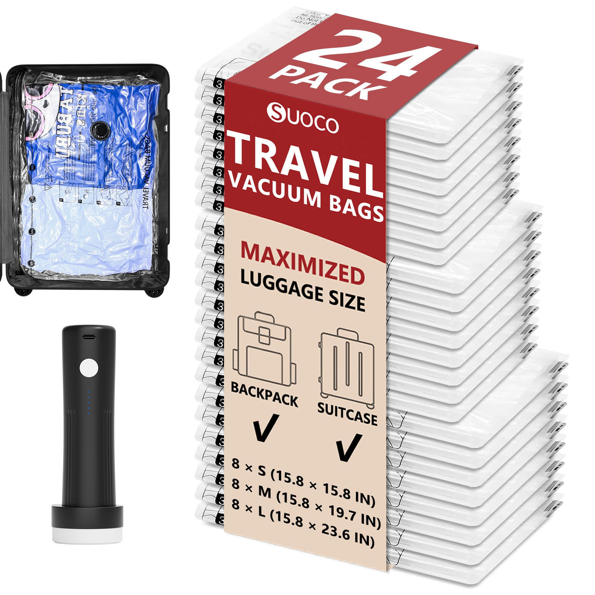 Travel Vacuum Bags for Clothing with Cordless Pump 18 Combo, Clear