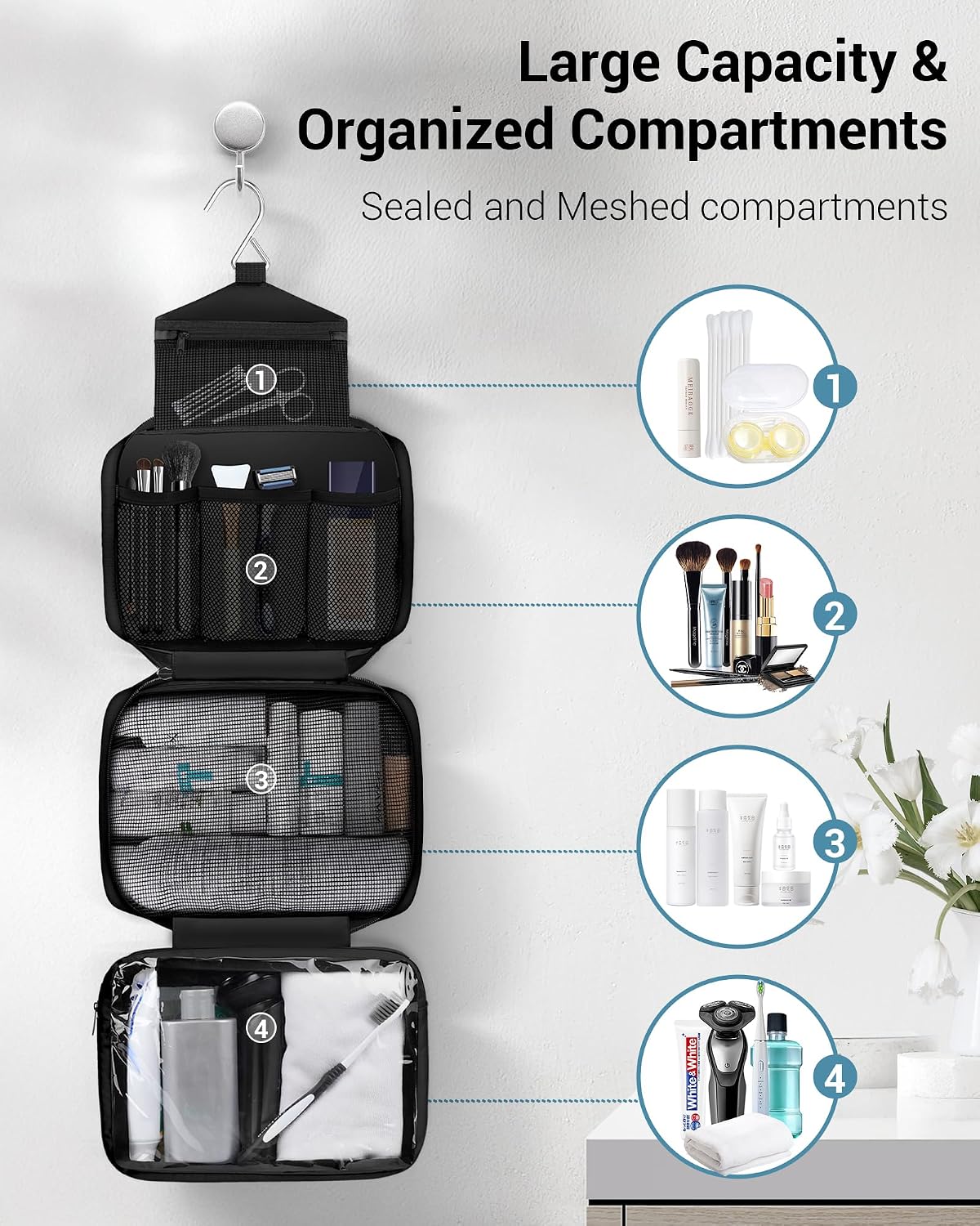 Maliton Toiletry Bag for Men & Women Travel Toiletry Bag Hanging Toiletry Bag Hygiene Bag with 4 Compartments Waterproof Bathroom Shower Bag for Traveling(Black)