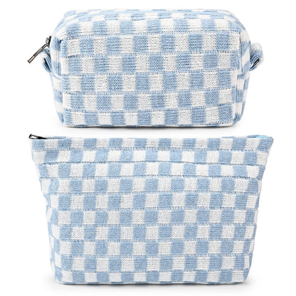 SOIDRAM 2 Pieces Makeup Bag Large Checkered Cosmetic Bag Capacity Canvas Mix Travel Toiletry Bag Organizer Cute Makeup Brushes Aesthetic Accessories Storage Bag for Women, Checkered Mix Rose Red