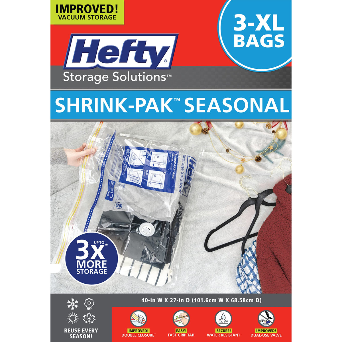 Hefty Shrink-Pak - 4 Large Vacuum Storage Bags for Clothes, Pillows, Towels, or Blankets - Space Saver Vacuum Sealer Bags Ideal Under Bed Storage Solutions
