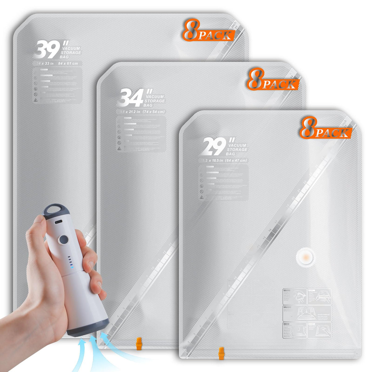 Vacbird 18 Pack Vacuum Storage Bags Set with Rechargeable Wireless Pump Large/Medium/Small Vacuum Seal Bags for Clothing Travel and Home, Compression Packing for Comforters, Blankets and Bedding