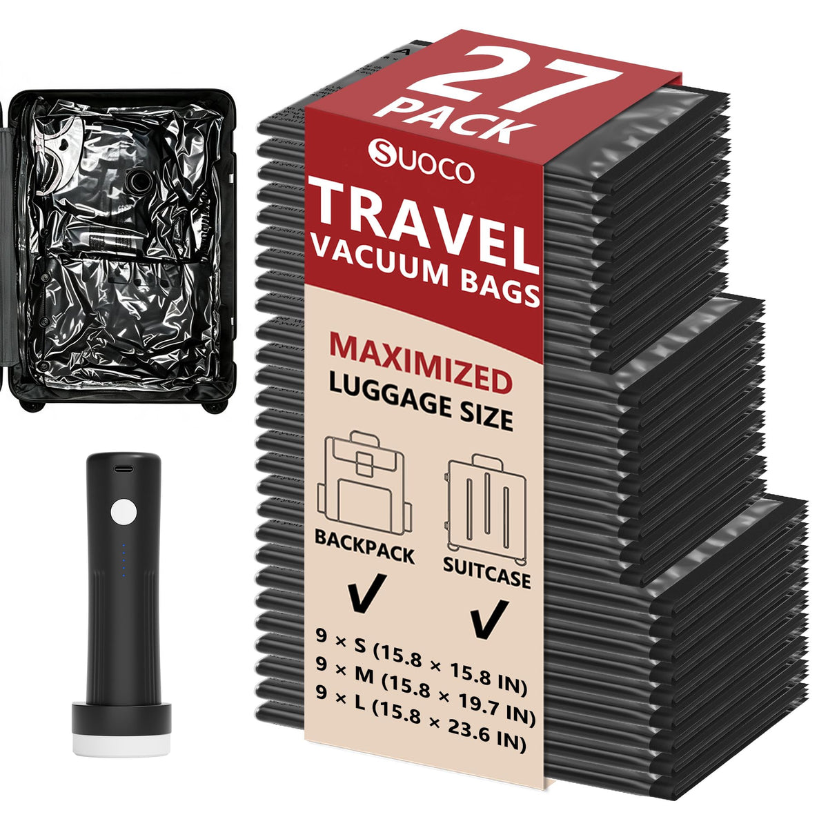 Travel Vacuum Bags for Clothing with Cordless Pump 18 Combo, Clear