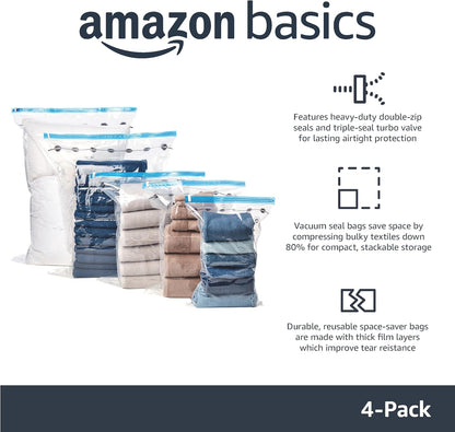 Amazon Basics Vacuum Storage Bags for Blankets, Vacuum Compression Space Saving Storage Bags with Hand Pump for Clothes Packing, X-Jumbo, 4-Pack