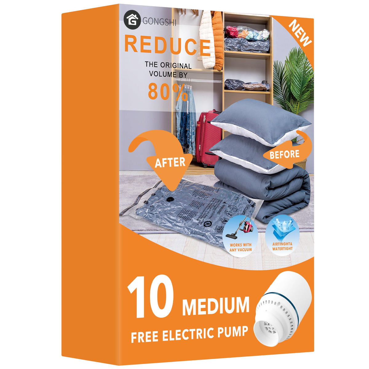 GONGSHI Vacuum Seal Bags for Clothing Travel & Home Storage, Travel Vacuum Bags with Pump,Space Saver for Blankets, Comforters, Pillows, Clothes,24 Combo with Electric Pump