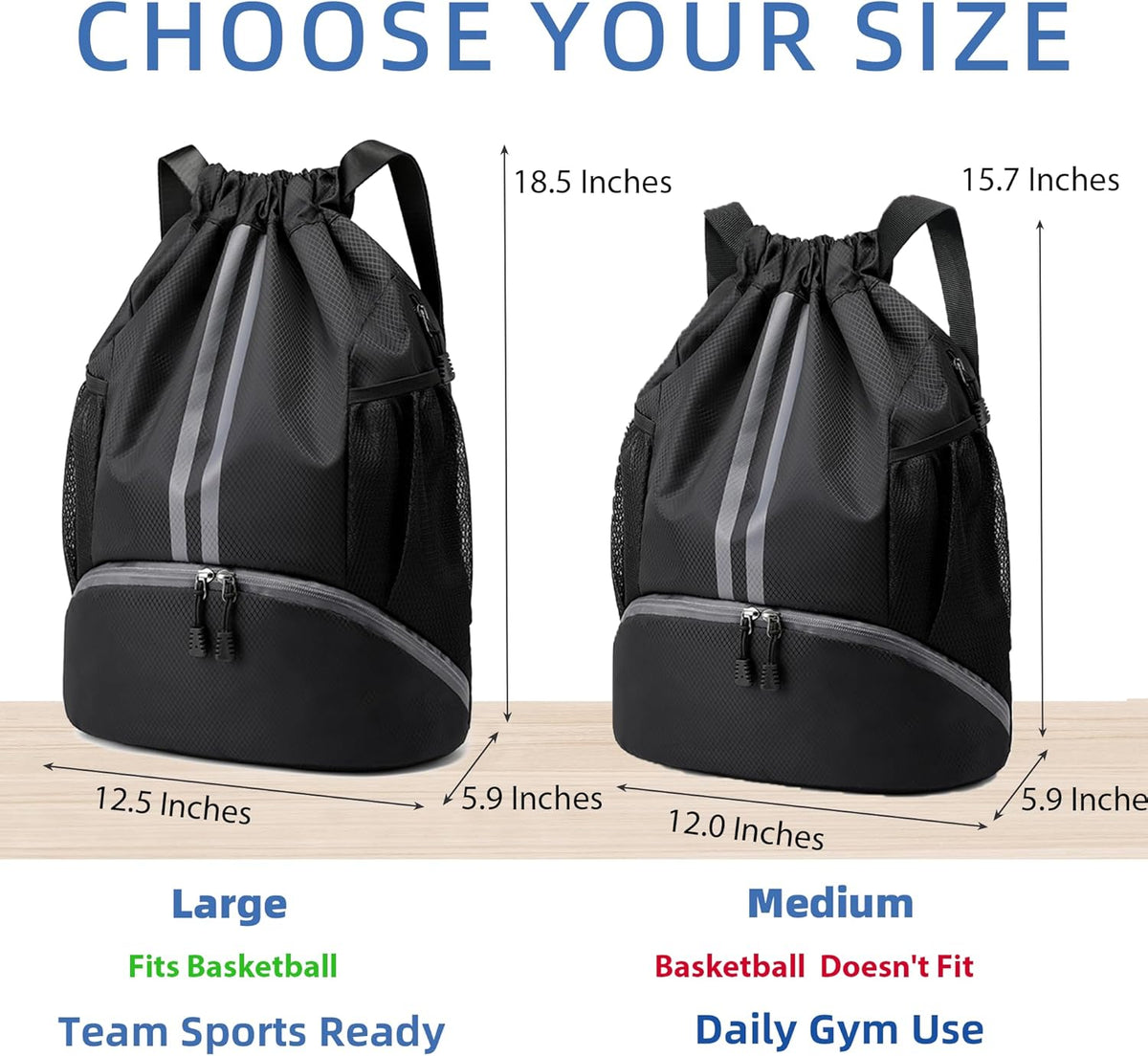 JELUTAR Drawstring Backpack Gym Bag with Shoes Compartment, Black