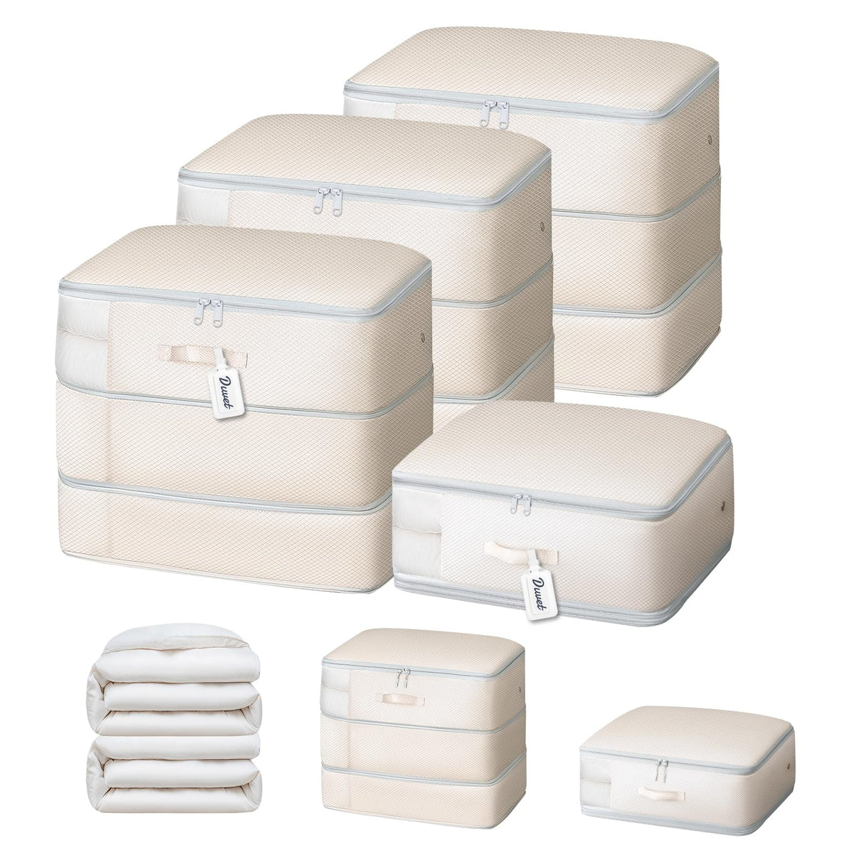 DIMJ Comforter Storage Bag 4 Pack - Blanket Storage Organizer Compression Bags, Large Capacity Ultra Space Saving Self Compression Organize for Bedding, Pillow, Duvet, Sheet Storage with Zipper Window
