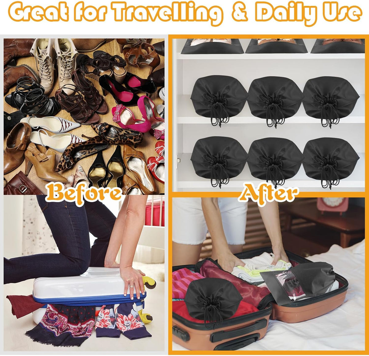 Black Travel Shoe Bags - 5 Pcs Non-Woven Packing Bags with Clear Window