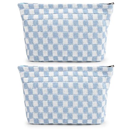 SOIDRAM 2 Pieces Makeup Bag Large Checkered Cosmetic Bag Capacity Canvas Mix Travel Toiletry Bag Organizer Cute Makeup Brushes Aesthetic Accessories Storage Bag for Women, Checkered Mix Rose Red