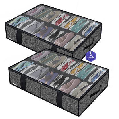 Onlyeasy Sturdy Under Bed Shoe Storage Organizer, Set of 2, Fit 12 to 24 Pairs, Underbed Shoes Closet Storage Solution with Clear Window, Breathable, L29.3 x W23.6 x H5.9, Linen-like Black, MXAUBSB2P