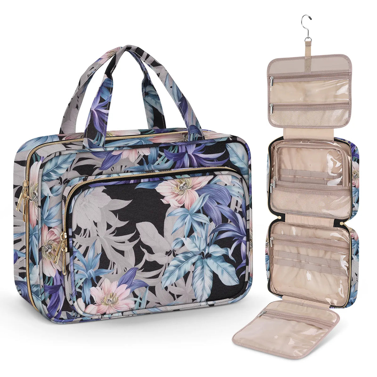 Large Capacity Hanging Toiletry Bag, Waterproof Travel Makeup Cosmetic Organizer with Hook, Partitioned Storage for Shampoo, Skincare, Perfume, Cruise & Vacation