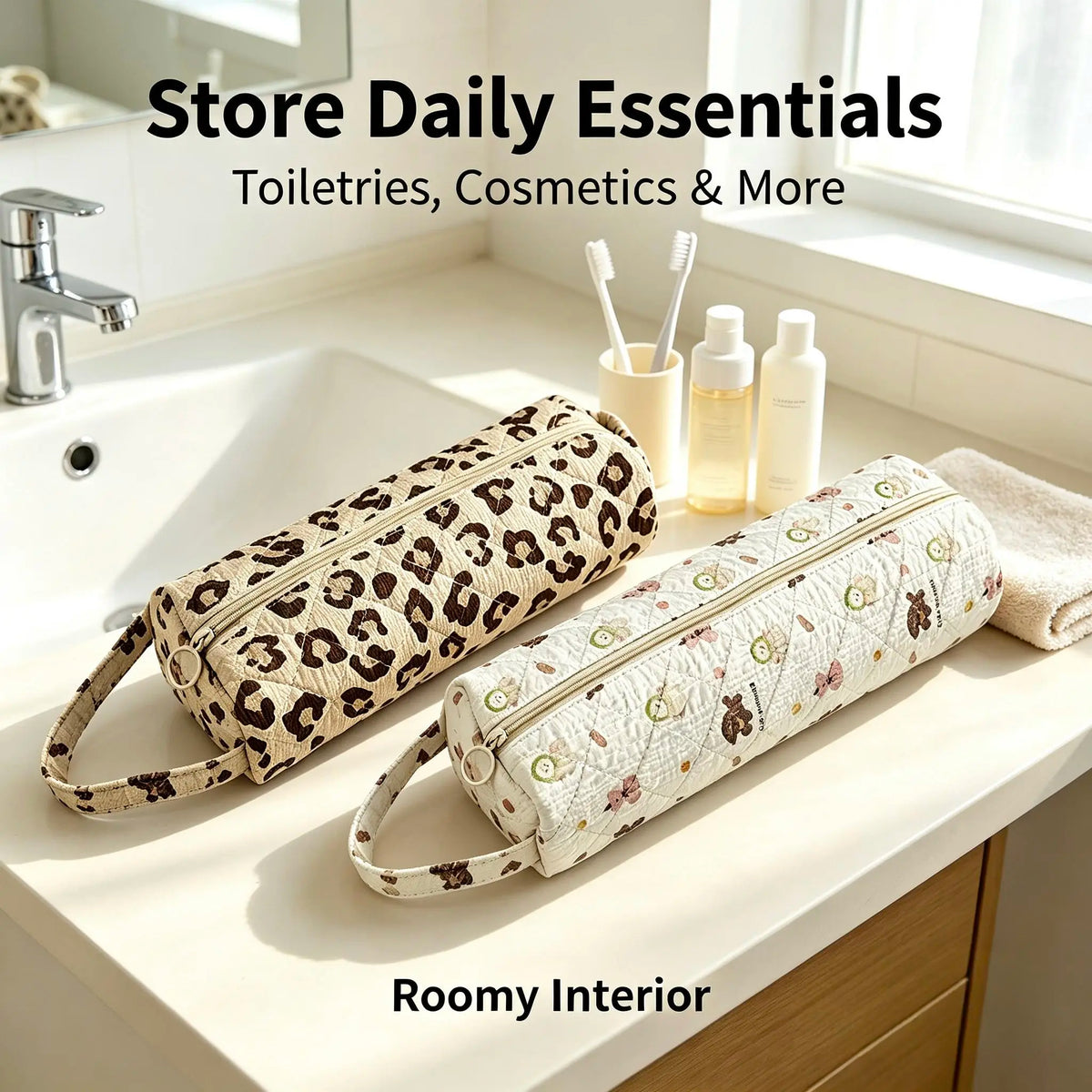 Quilted Multi‑Purpose Storage Bag, Portable Zipper Cosmetic Makeup Pouch with Handle, Large Capacity Travel Toiletry Organizer for Bathroom Office