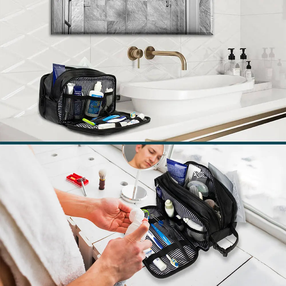 PAVILIA Toiletry Bag for Men, Travel Toiletries Bag | Water-resistant Dopp Kit, PU Leather Shaving Pouch Organizer for Accessories, Cosmetic, Hygiene, Grooming Essentials