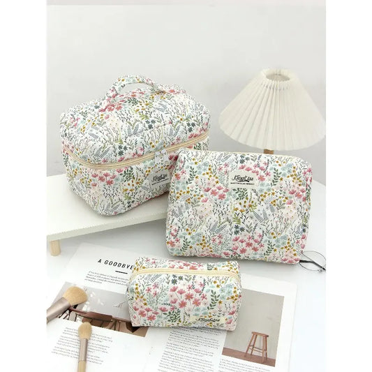 3‑Pack Floral‑Pattern Makeup Bag Set, Large‑Capacity Zipper Travel Cosmetic Pouches, Portable Makeup Organizer for Toiletries