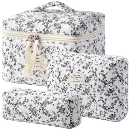 HBselect Quilted Makeup Bag, 3Pcs Cotton Large Travel Makeup Bags Organizer