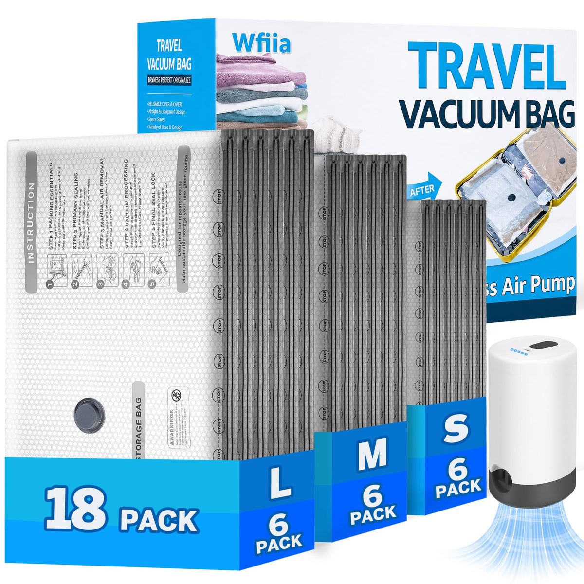 15 Packs Vacuum Bags for Travel with Rechargeable Pump, 3 Sizes Heavy Duty Vacuum Seal Bags for Clothing, Compression Vacuum Travel Bags for Luggage, Vacuum Packing Bags for Closet Organization